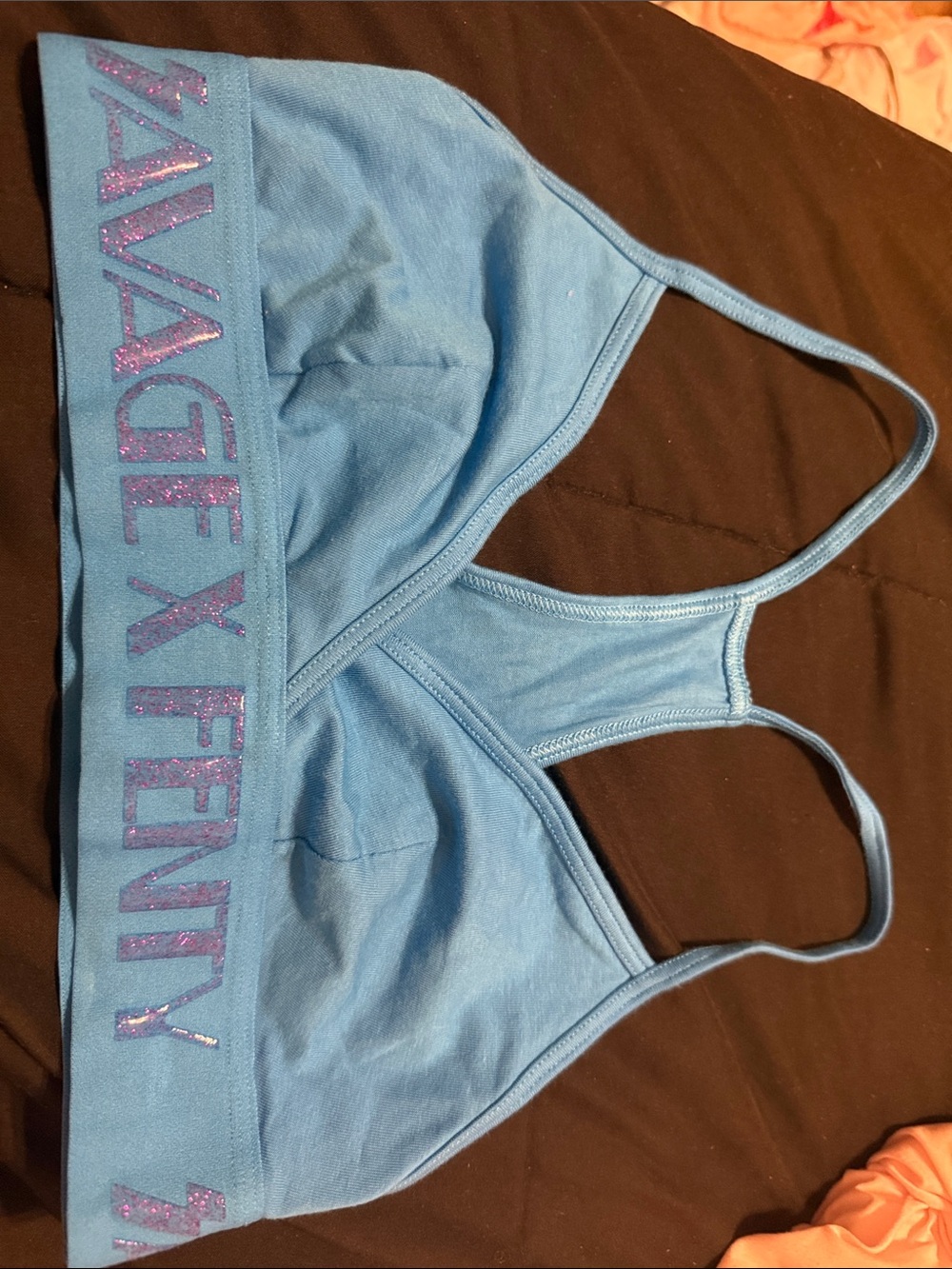 Savage X Fenty Blue Cotton Bralette with Purple Glitter Logo